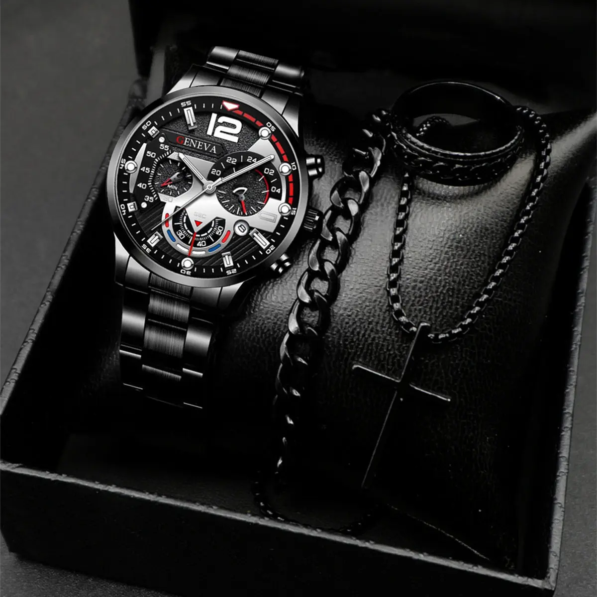 Black color, watch, chain, ring and bracelet