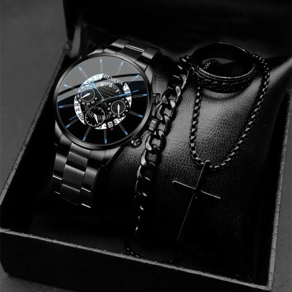 Black color, watch, chain, ring and bracelet