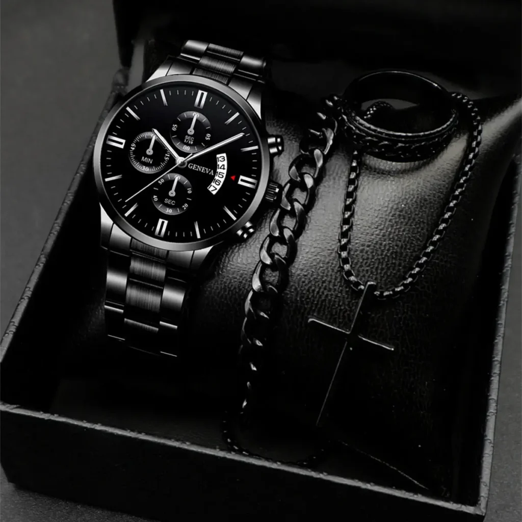 Black color, watch, chain, ring and bracelet