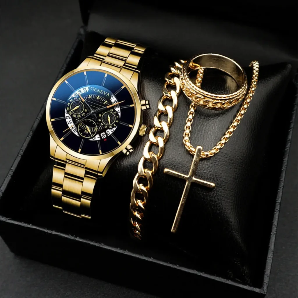 Golden color, watch, chain, ring and bracelet