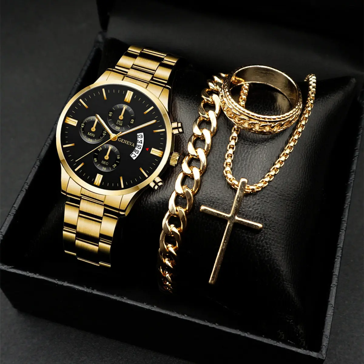 Golden color, watch, chain, ring and bracelet