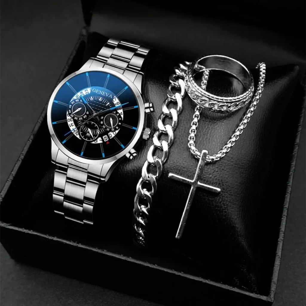 Silver color, watch, chain, ring and bracelet