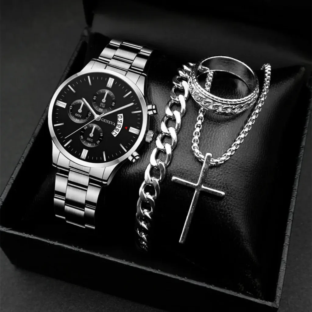 Grey color, watch, chain, ring and bracelet