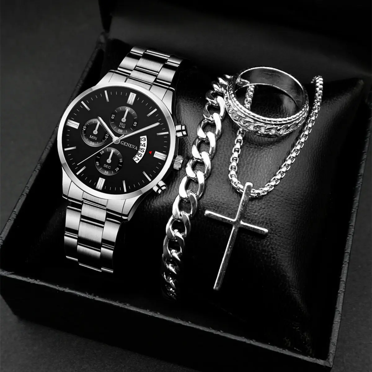Grey color, watch, chain, ring and bracelet